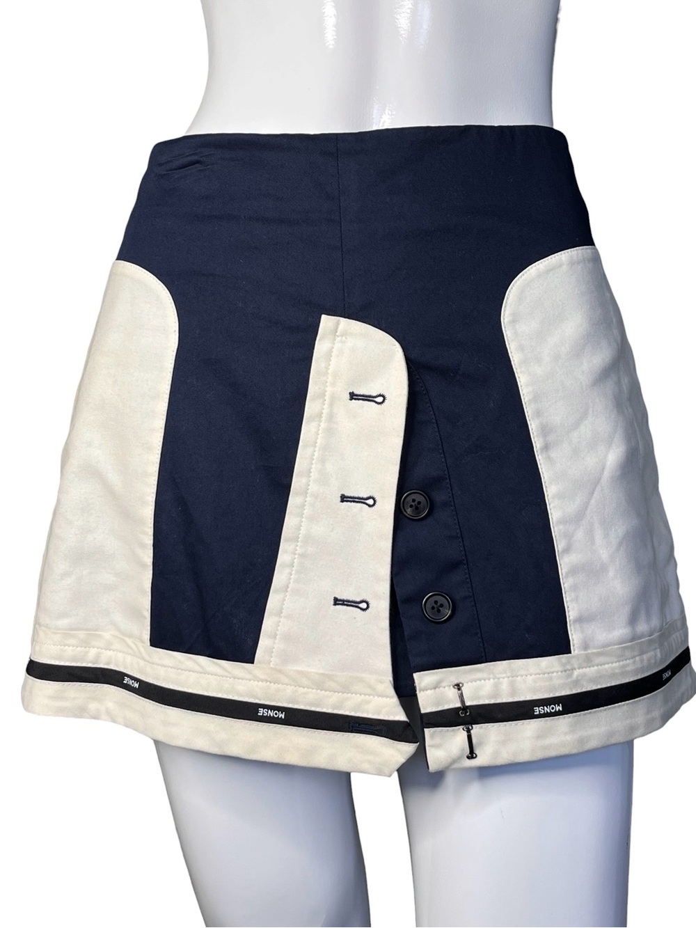 MONSE Luxury Colorblock Inverted Cargo Mini Skirt Logo Hem Navy/Ivory Sz 8